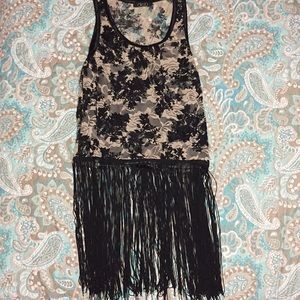 black and creme floral tank top with fringe